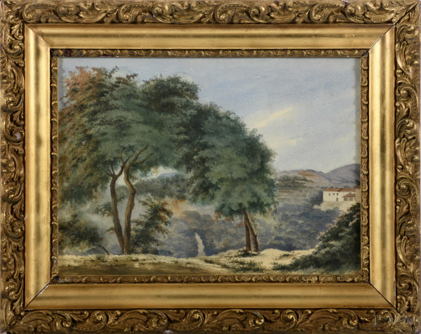 Paesaggio collinare, acquerello su carta applicata su cartone, cm 25,5x35, entro cornice, firmato in basso a sinistra