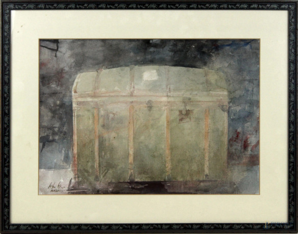 Pedro Cano - Madrid-Baule, acquarello su carta, cm 35,5x50, entro cornice