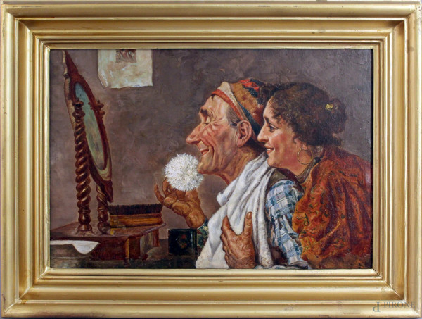 Vincenzo  Volpe - Figure allo specchio, olio su tela, cm. 32x46, entro cornice.