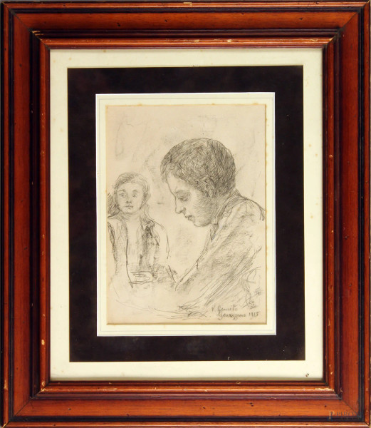 Fanciulli, matita su carta, cm. 28x30, firmato V. Gemito, Genazzano 1915, entro cornice.