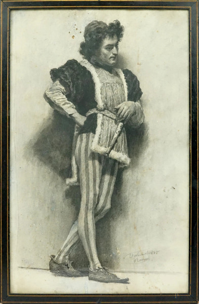 Personaggio in costume d'epoca, disegno a carboncino su carta, cm 41x26, datato Roma 1875, entro cornice, (difetti)