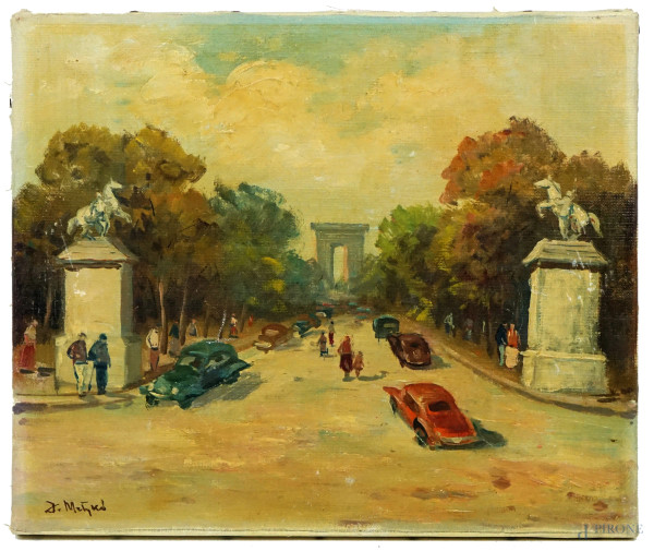 Champs-Elysées, olio su tela, cm 26x31, firmato, (difetti). 