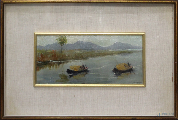Antonio D'Arliano - Le barche sul Po’, olio su tela 27x12 cm entro cornice.
