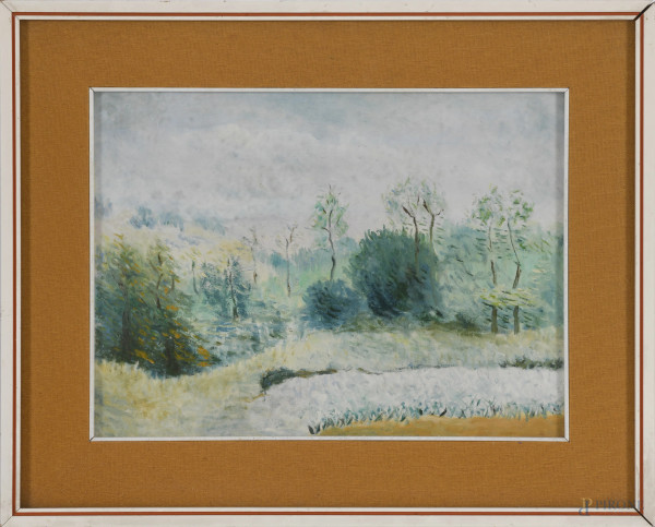 Paesaggio lombardo, olio su tela, cm 30x40, entro cornice, datato al retro 1968