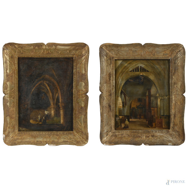 Coppia di interni di cattedrale, XIX secolo, olio su tela, cm 40x32,5, entro cornice, (difetti)