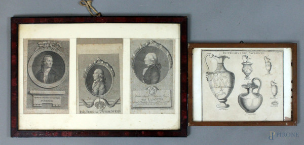Lotto di due quadri con incisioni raffiguranti uomini illustri e vasi antichi, XVIII-XIX secolo, misure max cm. 38x26, (difetti).
