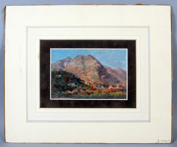 Paesaggio montano, olio su tavoletta, cm. 12x17,5, firmato A. Calcagnadoro.