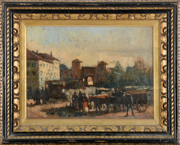 Scena di piazza, olio su tavoletta, firmato in basso a destra Capuzzo, cm 27x37, entro cornice, (difetti)