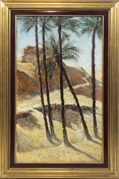 Paesaggio orientale, olio su tela, cm 51x30, entro cornice