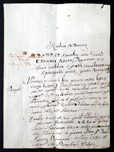 Antico raro manoscritto del 1732, vergato a penna d’oca e inchiostro di galla su carta vergellata