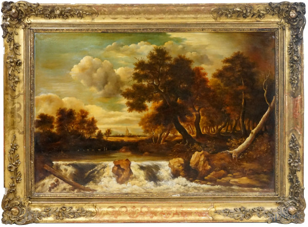 Pittore della fine del XIX secolo, Paesaggio con cascatella, olio su tela, cm 84x125, entro cornice, (lievi difetti).