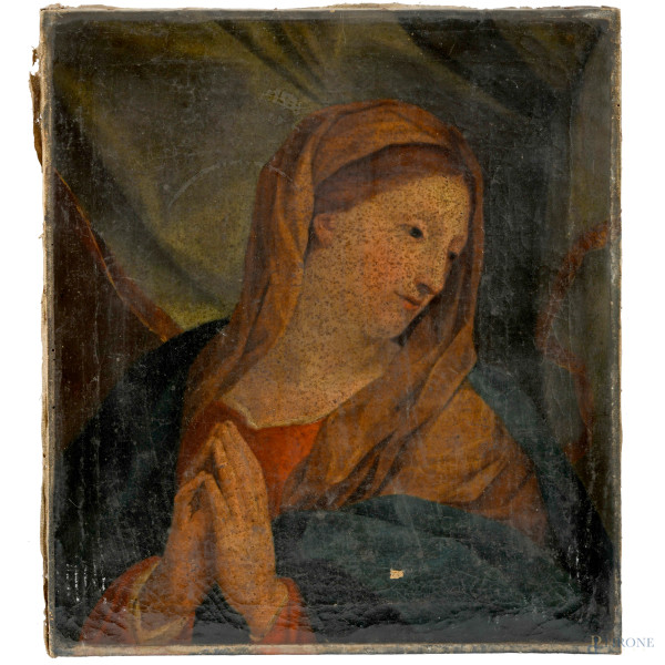 Madonna orante, XIX secolo, olio su tela, cm 54,5x48,5, (craquelure, cadute di colore, abrasioni, tracce di umidità)