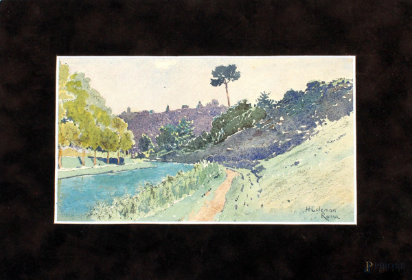 Paesaggio fluviale, acquarello su cartoncino, cm. 14x24,5, firmato.