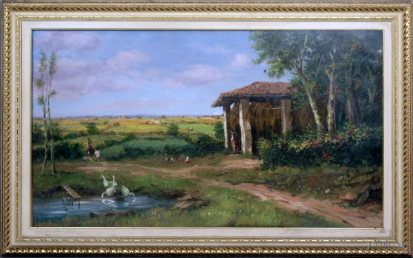 Paesaggio rurale con figure ed armenti, olio su tela, 80x140 cm, entro cornice.