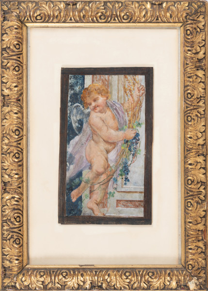 Putto, XIX-XX, tecnica mista su carta applicata su compensato, cm 26,5x15,5, firmato in basso, entro cornice, (craquelure, sollevamenti di colore, difetti)