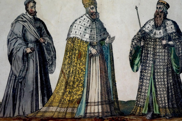 Lotto composto da 7 stampe inglesi sulla storia del costume, ritoccate a colori, XIX secolo, cm 2...