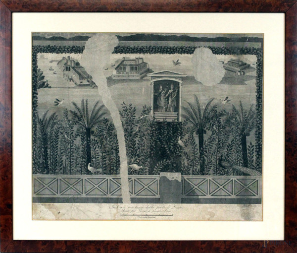 Incisione raffigurante affresco pompeiano, cm 43x53, disegnatore e pittore  Francesco Morelli 1812, incisore Raffaele Aloja 1832, entro cornice, (difetti sulla carta).