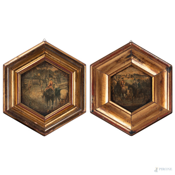 Coppia di stampe entro cornici esagonali, XX secolo, misure complessive cm 32x37, (segni di usura, difetti)
