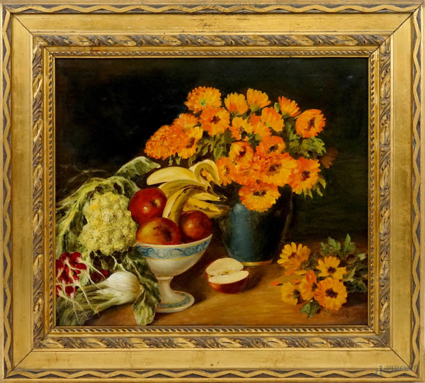 Natura morta, vaso con fiori, olio su tela, cm 55x65, firmato, entro cornice