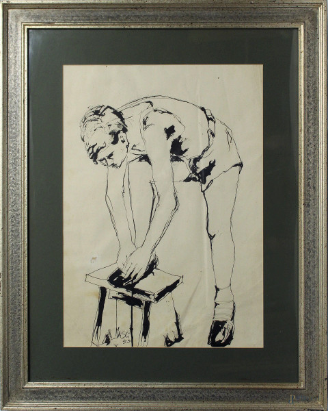 Edolo Masci - Ragazzo, disegno a china su carta, datato 1955, cm 60 x 42, entro cornice.