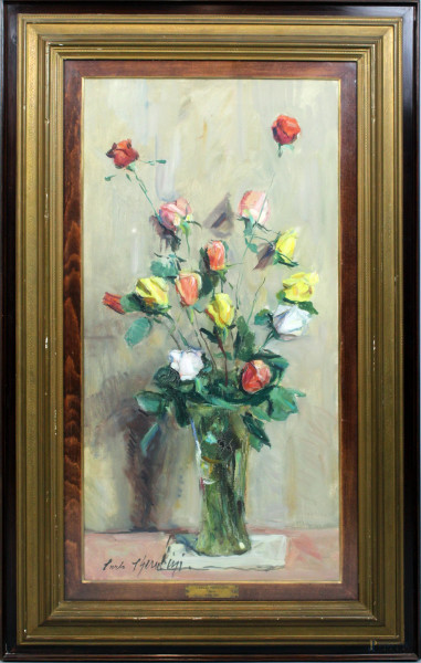 Carlo  Cherubini - Rose, olio su tela, cm 40x80, entro cornice