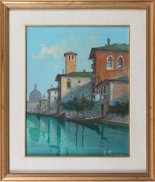 Veduta veneziana, XX secolo, olio su tela, cm 50x40, firmato in basso a destra, entro cornice