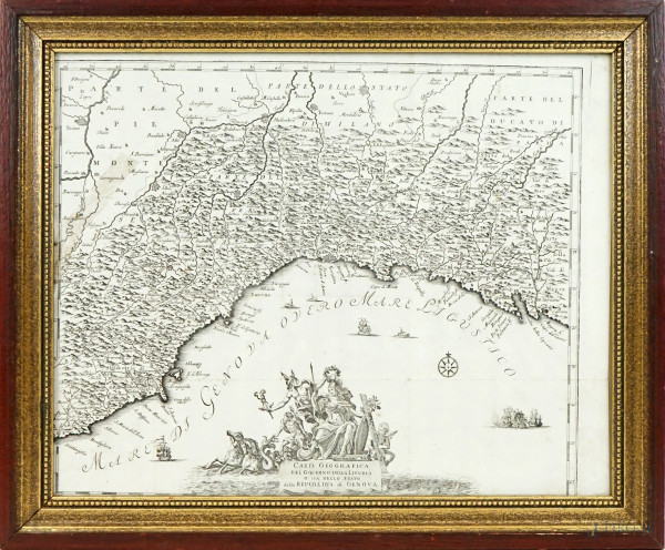 "Mare di Genova overo Mare ligustico. Carta geografica del Governo della Liguria […]", stampa, cm 34,5x44,5, fine XVIII secolo, entro cornice, (segni del tempo).