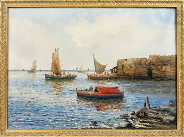 Paesaggio costiero, olio su tela, cm 51 x 72, firmato, entro cornice