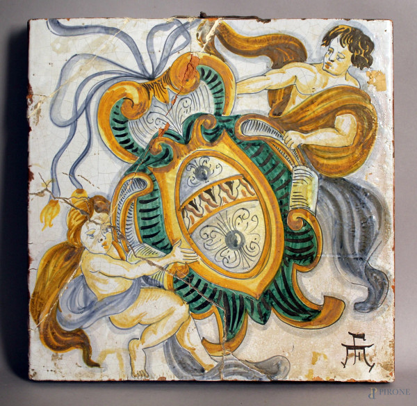 Placca in ceramica dipinta e smaltata raffigurante stemma nobiliare con figure, misure 39,5x39,5 cm, XVIII sec, (restauri).