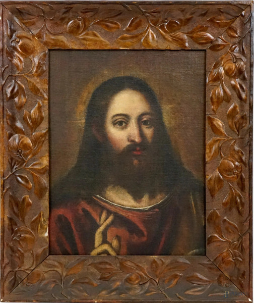 Pittore del XVII secolo, Cristo benedicente, olio su tela, cm 51,5x40,5, entro cornice.