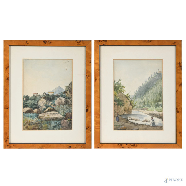 Coppia di acquerelli raffiguranti scorci di paese, XX secolo, misura massima cm 34x27 compreso passepartout, entro cornice, (ondulazioni della carta e piccoli fori)
