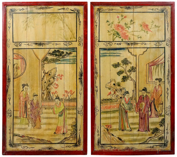 Scene di corte, due pannelli in legno dipinto, cm 111x62. Arte orientale, XX secolo, entro cornici,  (difetti)