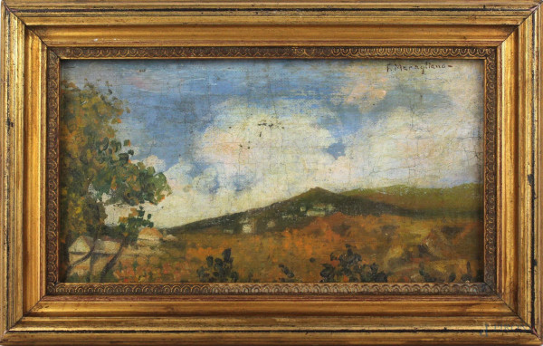 Paesaggio collinare con case, olio su tela applicata su cartone, cm. 13,5x24,5, firmato F. Moragliano, entro cornice.