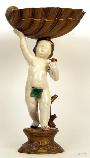 Fanciullo reggente conchiglia, scultura in maiolica policroma, particolari dorati, H. 50 cm.