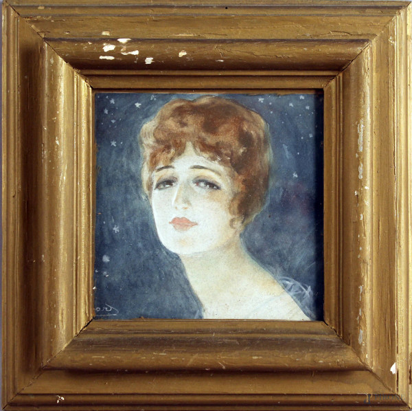Luigi  Bompard - Ritratto di donna, acquarello su carta, cm. 15,5x15,5, entro cornice.