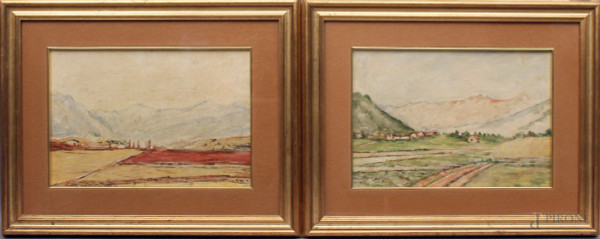 Coppia di paesaggi, olio su tela riportata su tavola, cm 23x33, entro cornice.