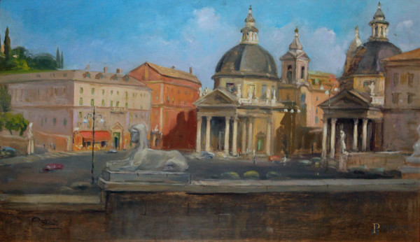 Piazza del Popolo, olio su tavola, cm 35x60, entro cornice firmato Dante Ricci.
