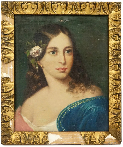 Ritratto di donna, olio su tela, cm 25x20, XIX secolo, entro cornice, (cadute di colore)