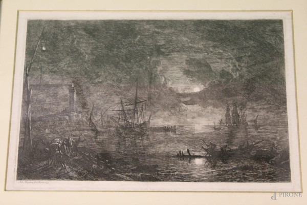 Adrien Manglard, Veduta notturna del porto, incisione, 33x50 cm, entro cornice