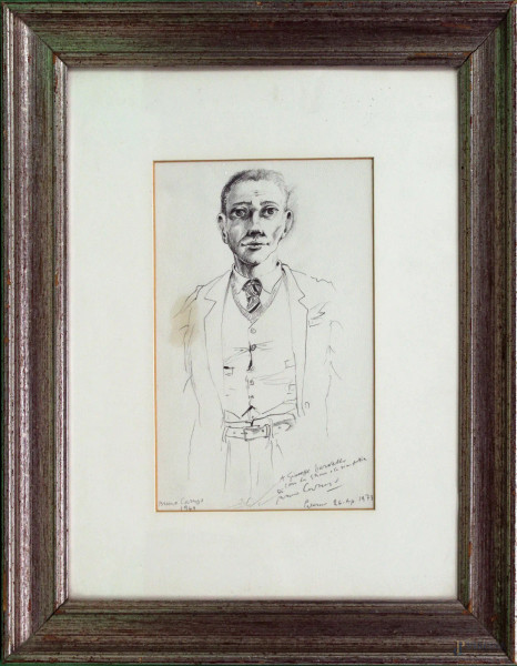 Bruno Caruso - Autoritratto, disegno a matita su carta firmato e datato, cm 24 x 15.
