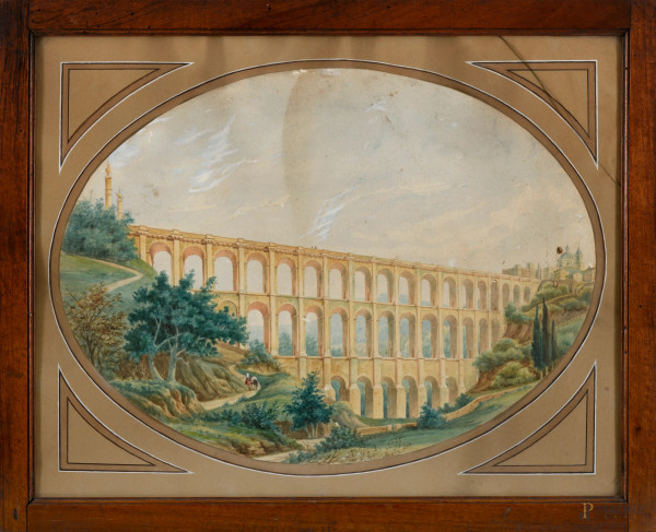 Ponte di Ariccia, fine XIX secolo, tecnica mista su carta, cm 46x57,5, entro cornice, (difetti)