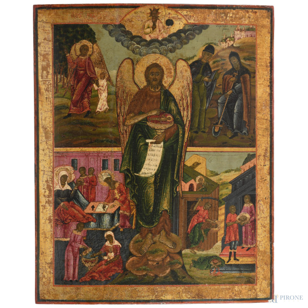 Icona raffigurante San Giovanni Battista, XIX secolo, tempera su tavola, cm 56,5x45, (segni di usura, craquelure, cadute di colore, fessurazioni, difetti)