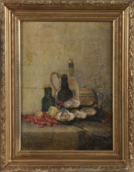 Natura morta con ostriche e bottiglie, XX secolo, olio su tavoletta, cm 33x24, firmato in basso a sinistra, entro cornice (segni di usura, piccole cadute di colore e abrasioni)