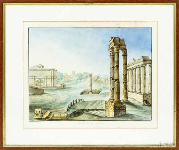 Veduta del Foro Romano, acquerello su carta, firmato in basso a destra, XIX secolo, misure comprese passepartout cm 40x47, entro cornice