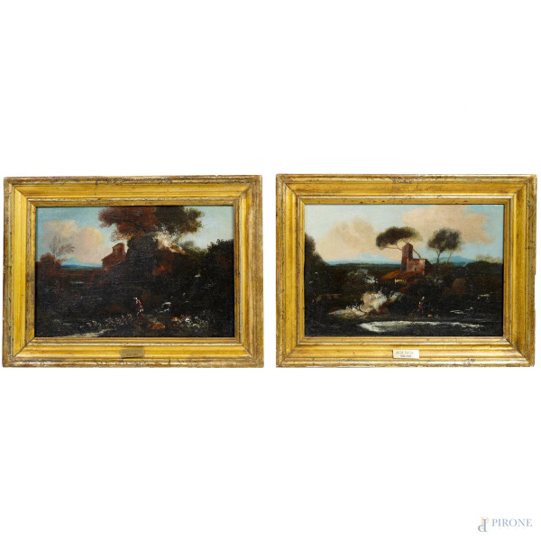 Scuola italiana del XVIII secolo, Paesaggio con figura; Paesaggio con torrente e figura, cm 23,5x36, entro cornici