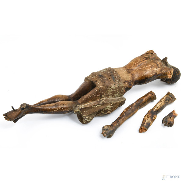 Cristo, XIX secolo, scultura in legno scolpito, altezza cm 70, (segni di usura, fori di tarlo, ro...