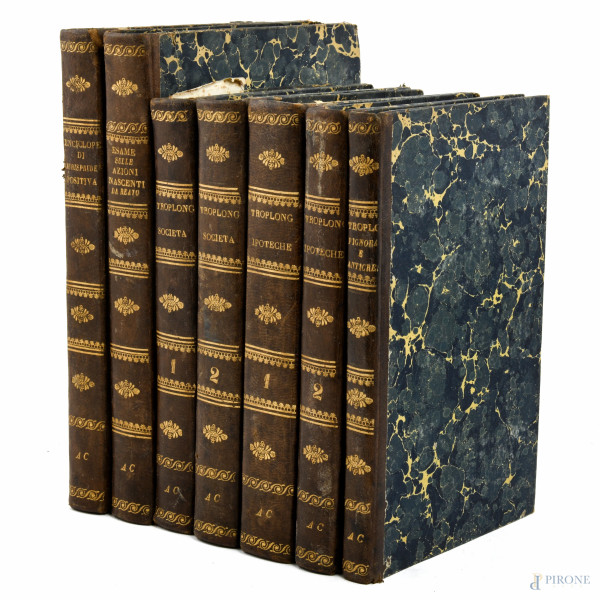 Lotto di 7 libri di argomento giuridico, XIX secolo, (Segni di usura, strappi, difetti)