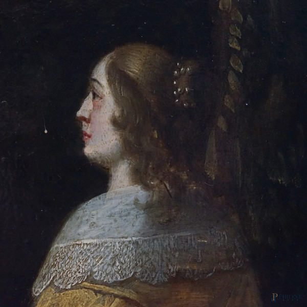 Pittore europeo del XVII secolo, Cueillette, olio su tavola, cm 73x104, entro cornice, (piccole c...