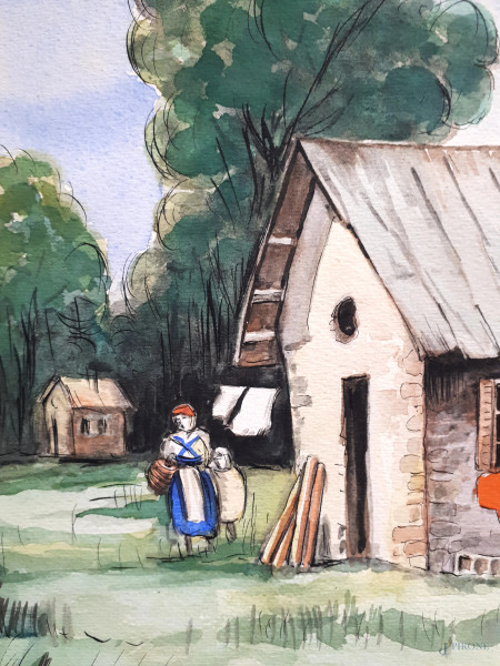 Cascina sul lago, acquarello su carta degli anni 50, cm 35x49, firmato e datato