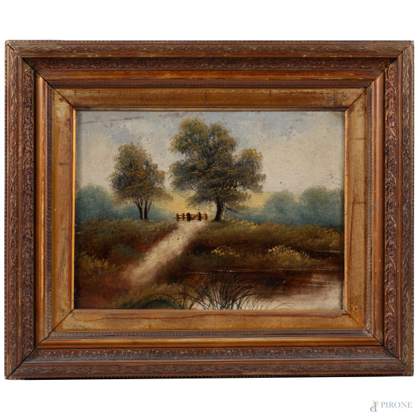 Coppia di paesaggi, XX secolo, olio su cartone, cm 29x29, entro cornice, (segni di usura, difetti...